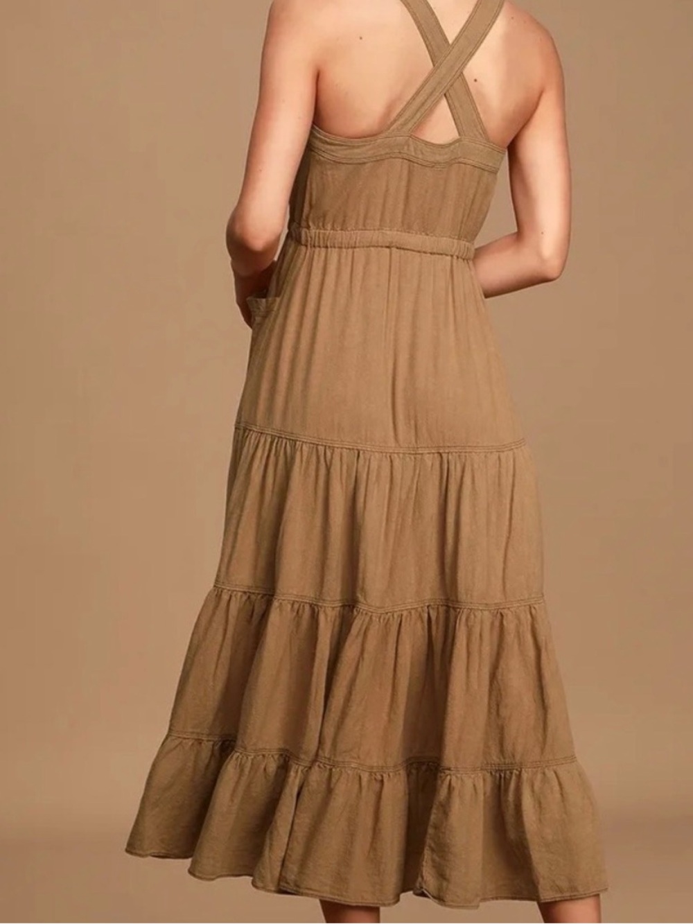 Free People Catch The Breeze Woven Linen-Blend Button-Down Tan Maxi Dress S - Picture 5 of 13